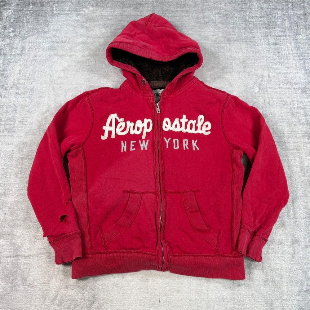 Aeropostale Sweater Women Small Red Zip Faux Fur Lined Distressed Y2K Hoodie